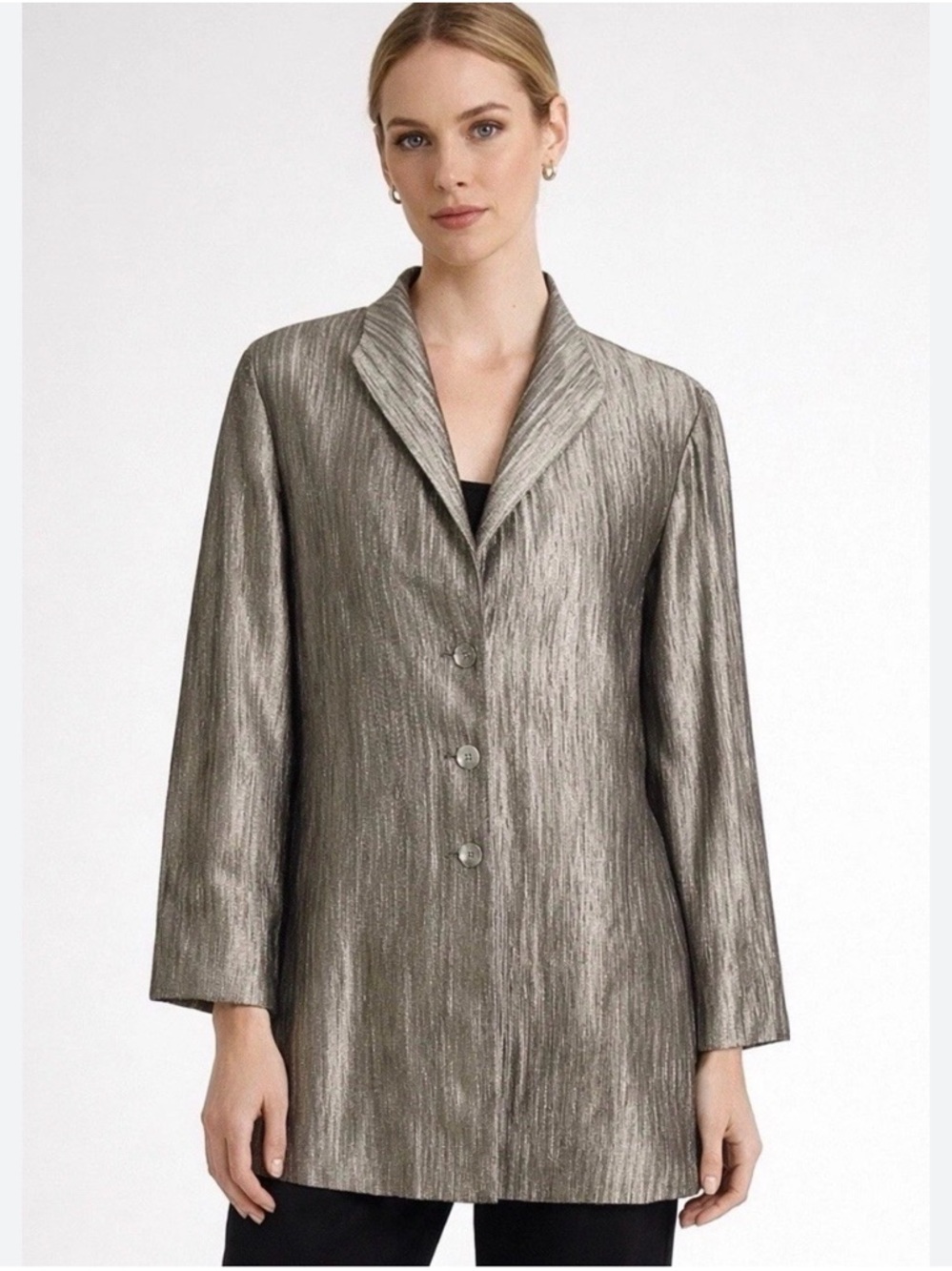 Eileen Fisher Metallic Textured Silk Blend Blazer Silver Jacket S
